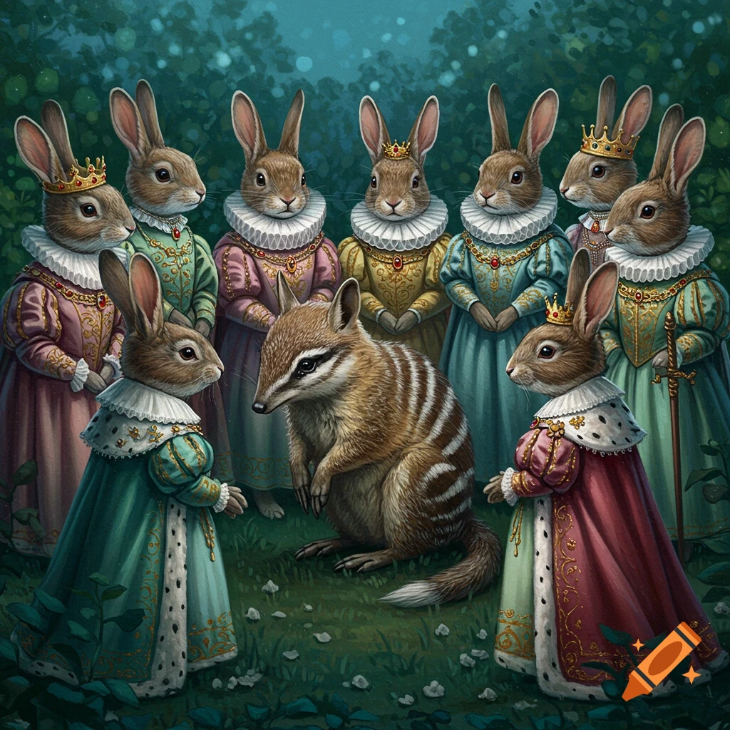 A numbat is surrounded by rabbits wearing elaborate royal clothing and crowns in a dark, whimsical forest.