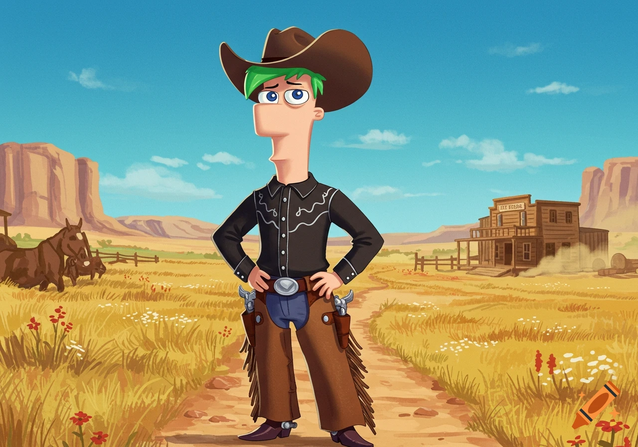 Cartoon Ferb Fletcher in a cowboy hat and chaps, standing in a Western desert landscape with a saloon and horses.