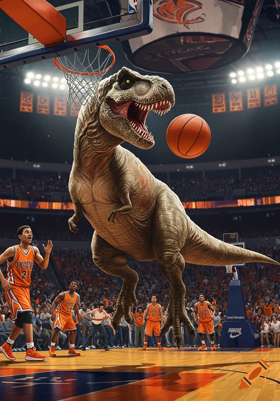 A giant T-Rex plays basketball on a court, towering over human players in orange jerseys, about to dunk a ball into the hoop.