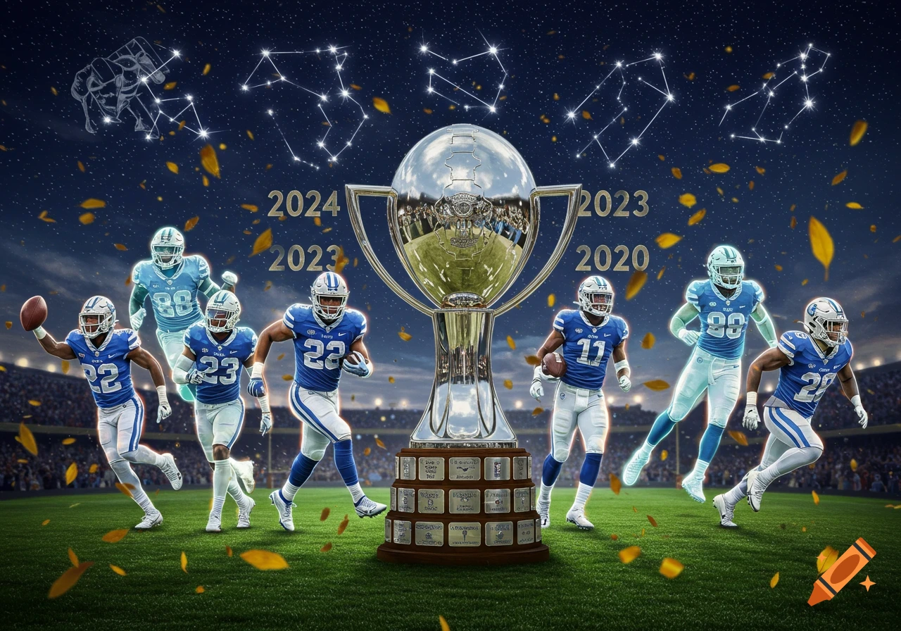 A stylized image featuring several football players in blue and white uniforms surrounding a large silver championship trophy on a green field. Golden leaves fall around them under a dark blue starry sky with constellation outlines. Years '2024', '2023', and '2020' float in the background.