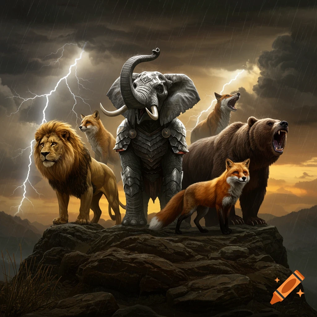 A lion, armored elephant, two foxes, and a bear stand on a rocky peak during a thunderstorm with lightning, photorealistic style.