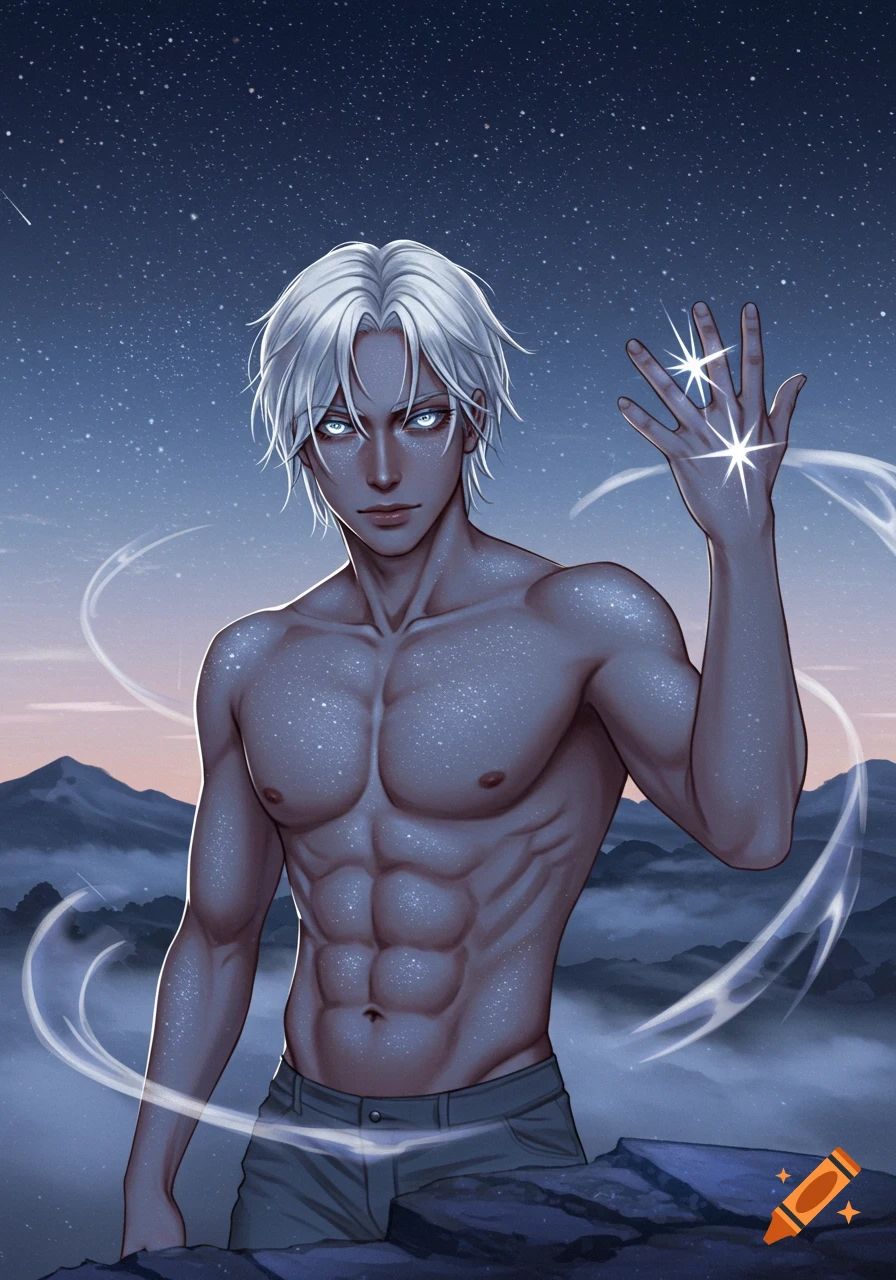 Fantasy portrait of a white-haired man with starry skin and glowing eyes, raising a hand with glowing stars under a night sky.