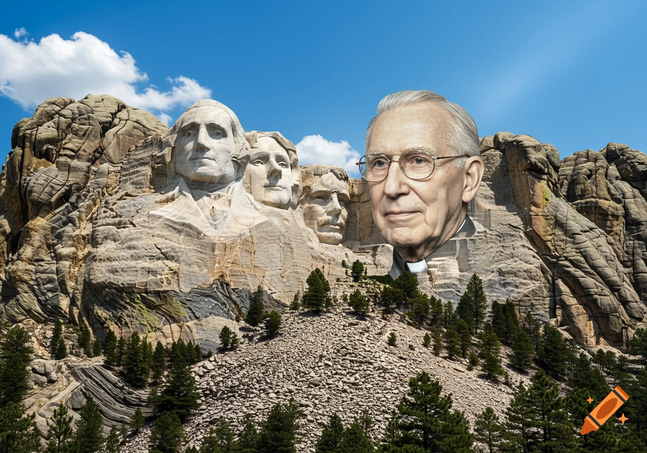 Photorealistic image of Mount Rushmore with the faces of Washington, Jefferson, Roosevelt, Lincoln, and an additional face of Rev. Aaron Pingel carved into the rock.