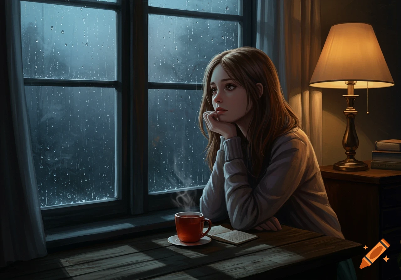 A brown-haired girl sits by a window on a rainy night, looking thoughtful. She has a red mug and an open book on the table, lit by a lamp.