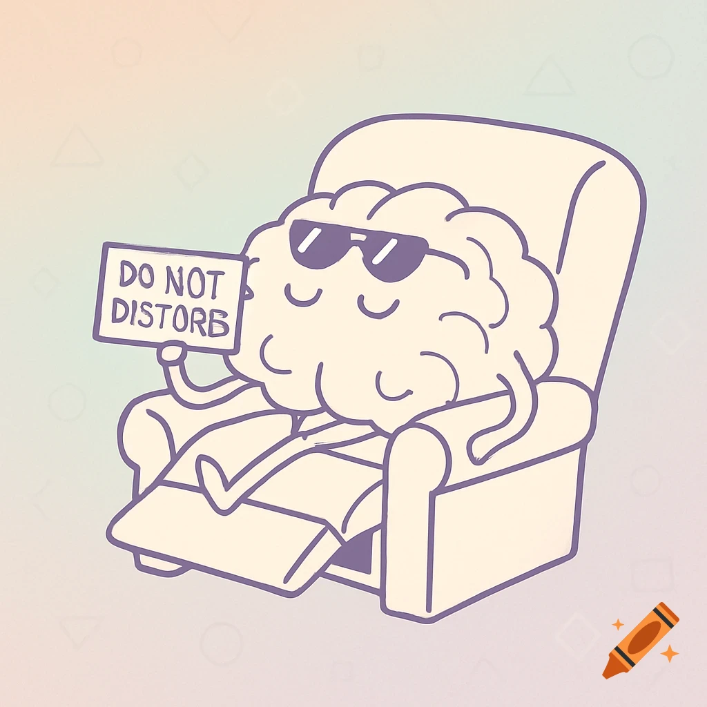 A minimalist cartoon brain wearing sunglasses relaxing in a recliner, holding a 'Do Not Distorb' sign on a pastel background.
