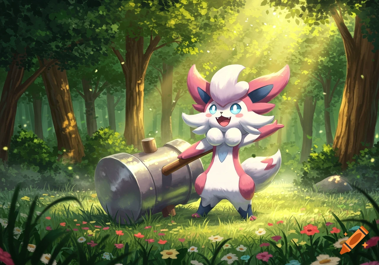 A pink and white creature resembling Tinkaton holds a large hammer in a sunlit forest filled with wildflowers.