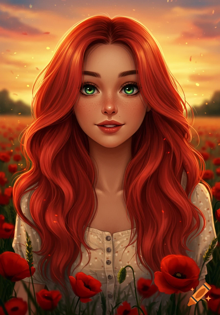 A close-up portrait of a woman with long red hair and green eyes smiling in a field of red poppies at sunset, in a digital painting style.