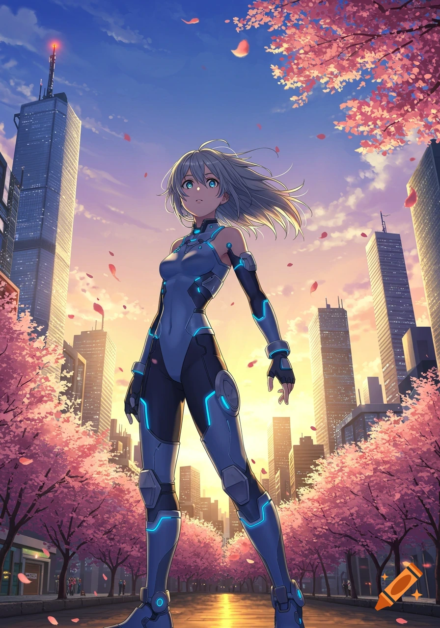 An anime character in a blue and black sci-fi suit stands on a city street lined with cherry blossom trees at sunset.
