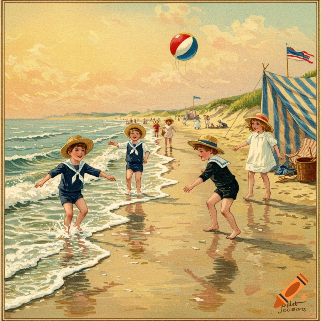 Vintage illustration of children playing in the shallow waves and on the sand at a sunny beach with a colorful ball in the air.