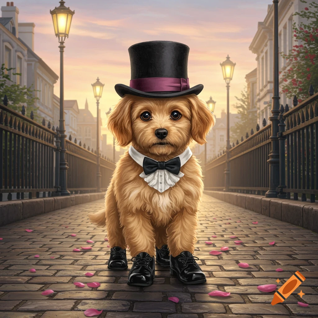 A fluffy brown dog in a top hat, bow tie, and black shoes stands on a cobblestone street with pink petals at sunset.