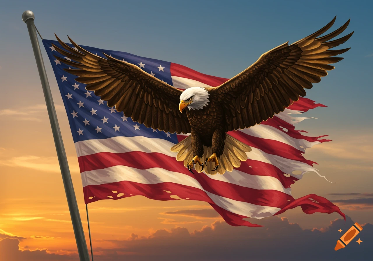 A bald eagle with wings spread in front of a distressed American flag at sunset.