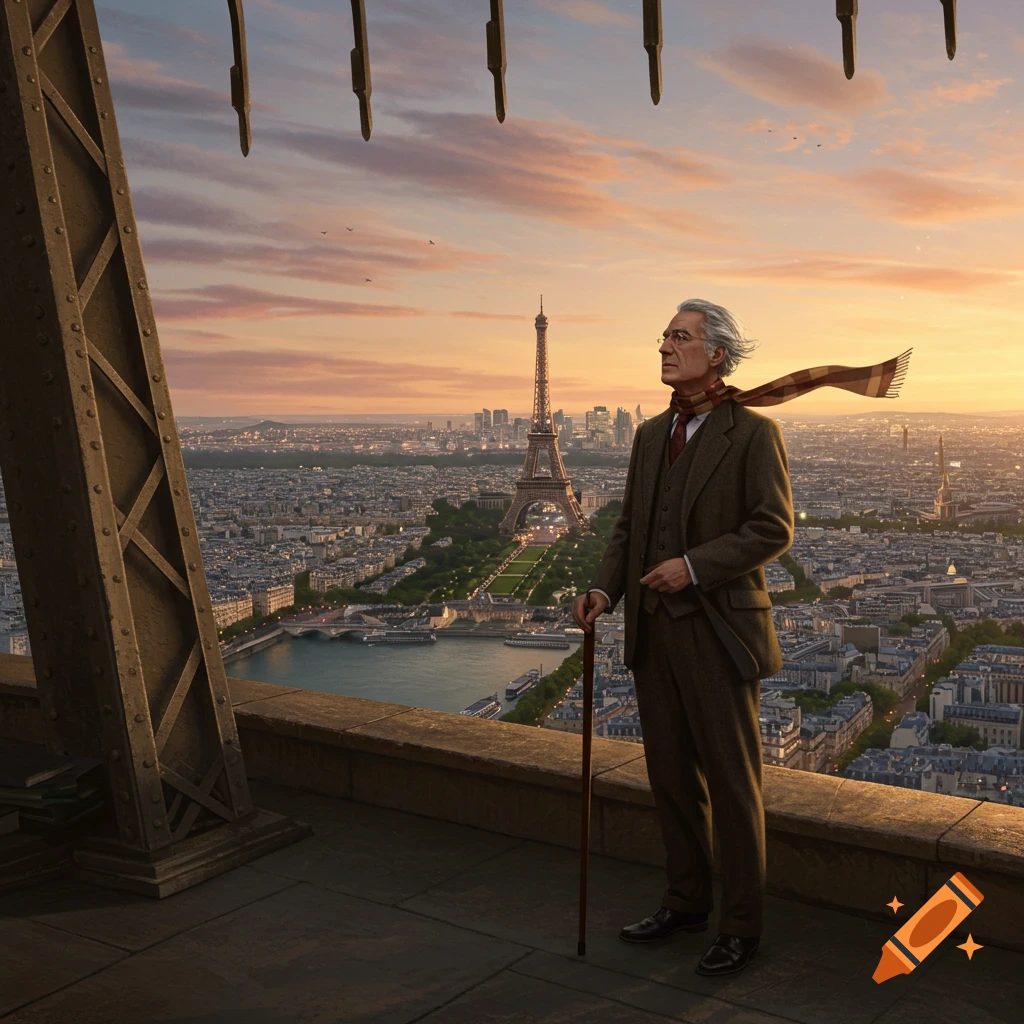 A distinguished man stands on the Eiffel Tower, looking out over the Paris cityscape at sunset.