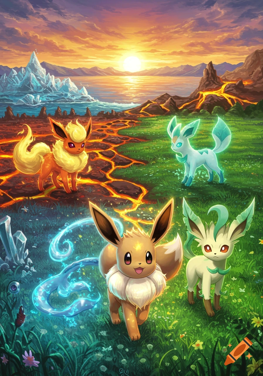 Eevee, Flareon, Glaceon, and Leafeon in a vibrant fantasy landscape with lava, ice, and grass at sunset.
