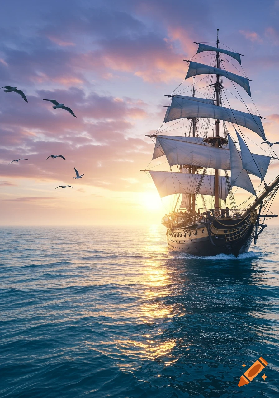 A large sailing ship on the ocean at sunset with seagulls flying in the colorful sky.