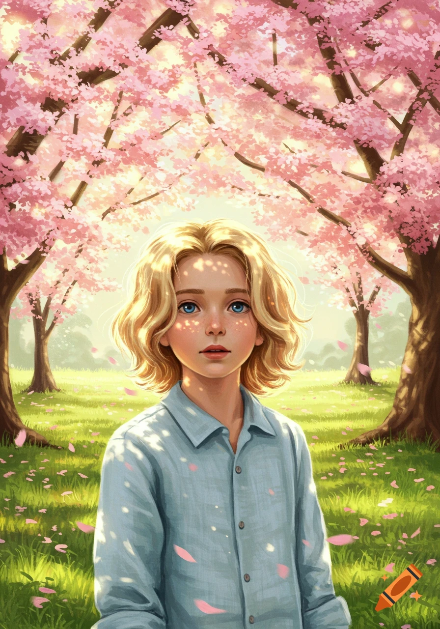 An illustrated boy with blonde hair stands in a sunny field under pink cherry blossom trees, with petals falling.