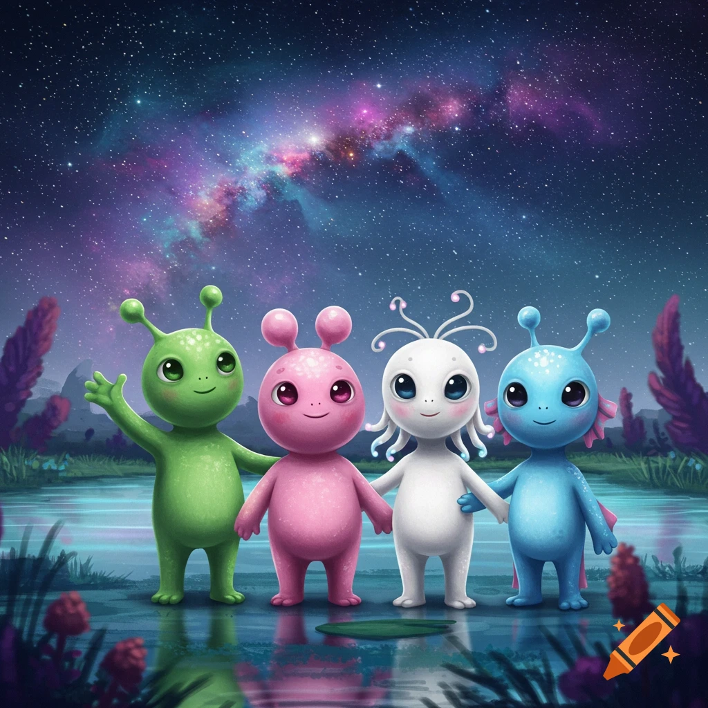 Four friendly, colorful cartoon aliens stand in water under a starry galaxy sky.