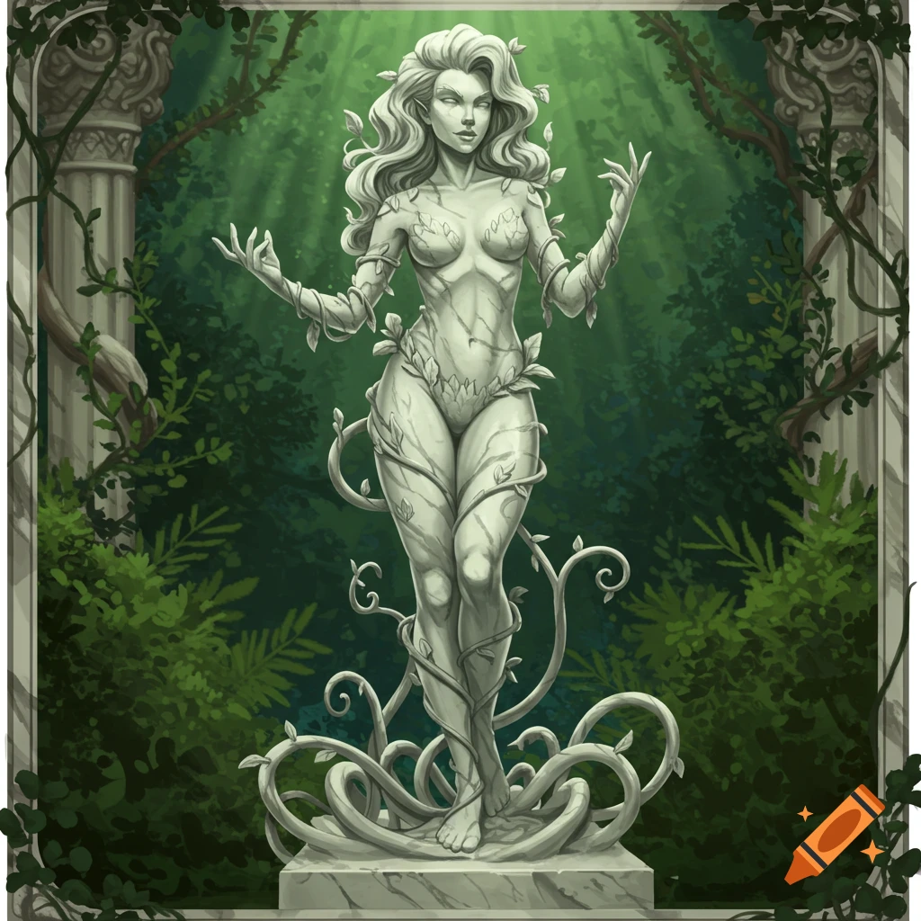A detailed marble statue of a female figure, adorned with vines and leaves, stands in a lush green garden with classical columns.