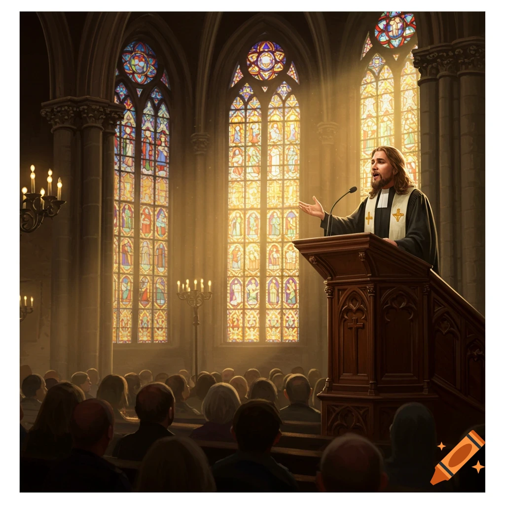 A pastor with long hair preaches from a wooden pulpit in a grand church, light streaming through large stained glass windows onto the congregation.