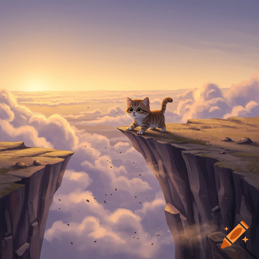 A cute striped kitten stands on the edge of a jagged cliff looking out over a vast expanse of clouds and a golden sunset.