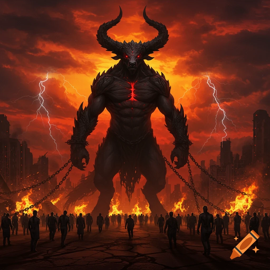 A giant horned beast with glowing red eyes stands over silhouetted humans in a fiery, storm-ridden, destroyed city under an orange sky.