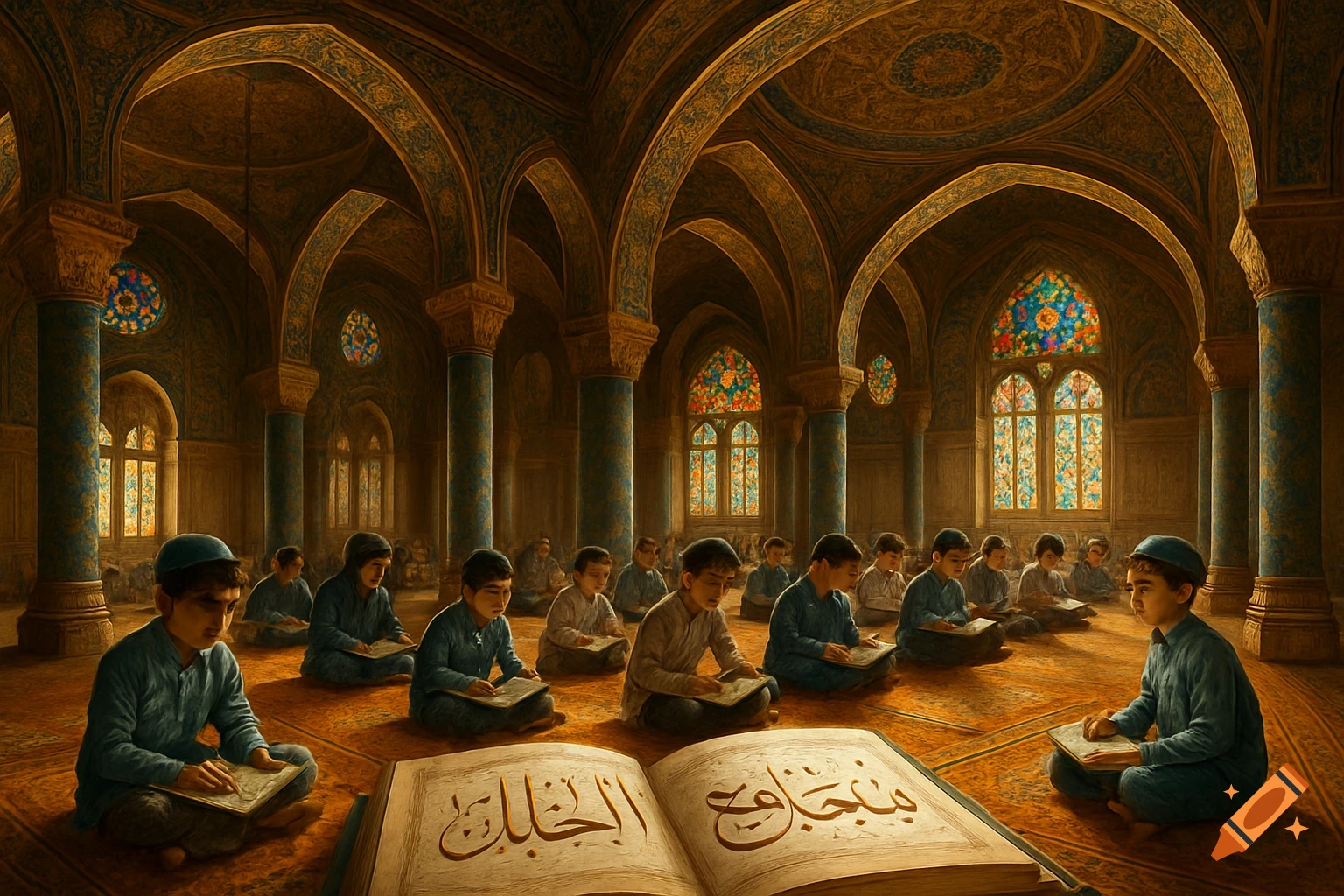 Young students in traditional attire sit on the floor of an ornate mosque with arched ceilings and stained glass, reading large books.