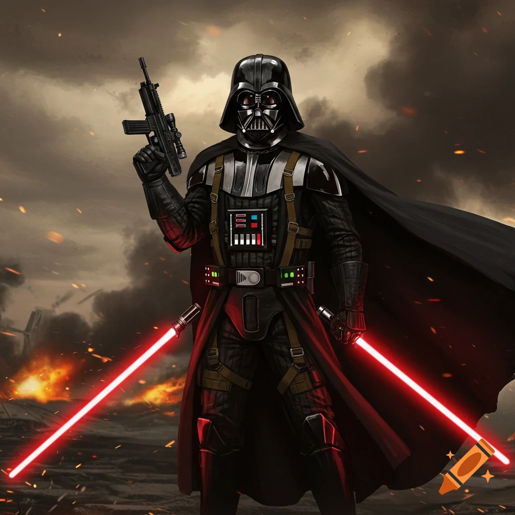 Darth Vader stands on a smoky, fiery battlefield, holding a rifle and two glowing red lightsabers in an illustrated style.