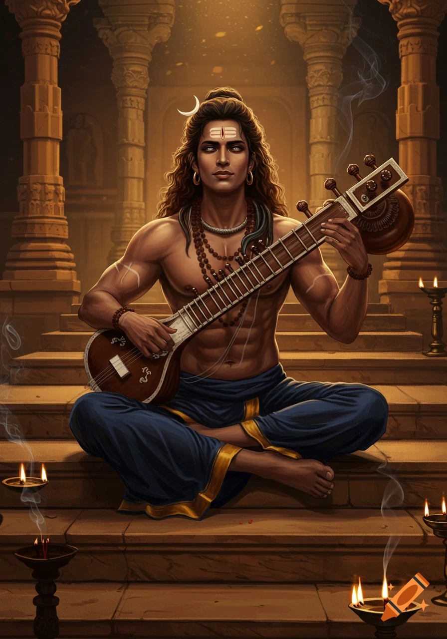 Muscular man like Shiva sitting cross-legged on temple steps, tuning a sitar amidst flickering oil lamps.