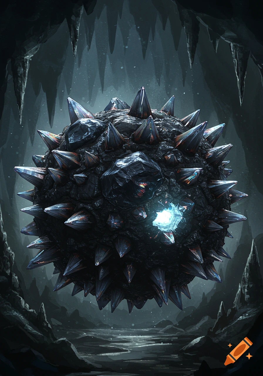 A dark, spiky, crystalline orb with a glowing blue core floats in a mystical, icy cave.