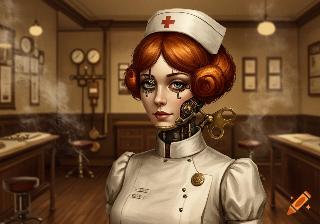 A steampunk clockwork nurse robot with red hair and glowing blue eyes, wearing a white uniform, stands in a vintage medical room.
