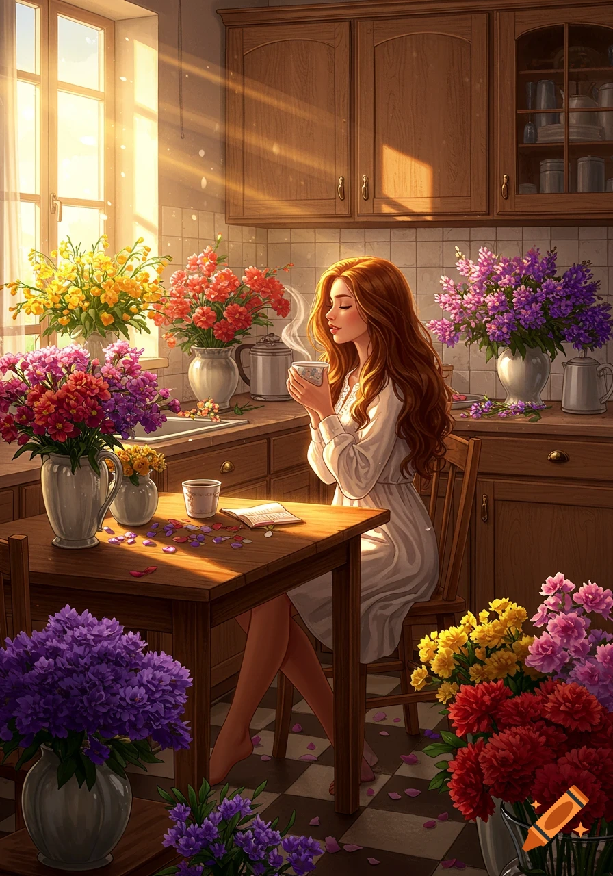 An illustration of a woman with long red hair sitting in a sunlit kitchen, drinking coffee amidst numerous vibrant flower arrangements.
