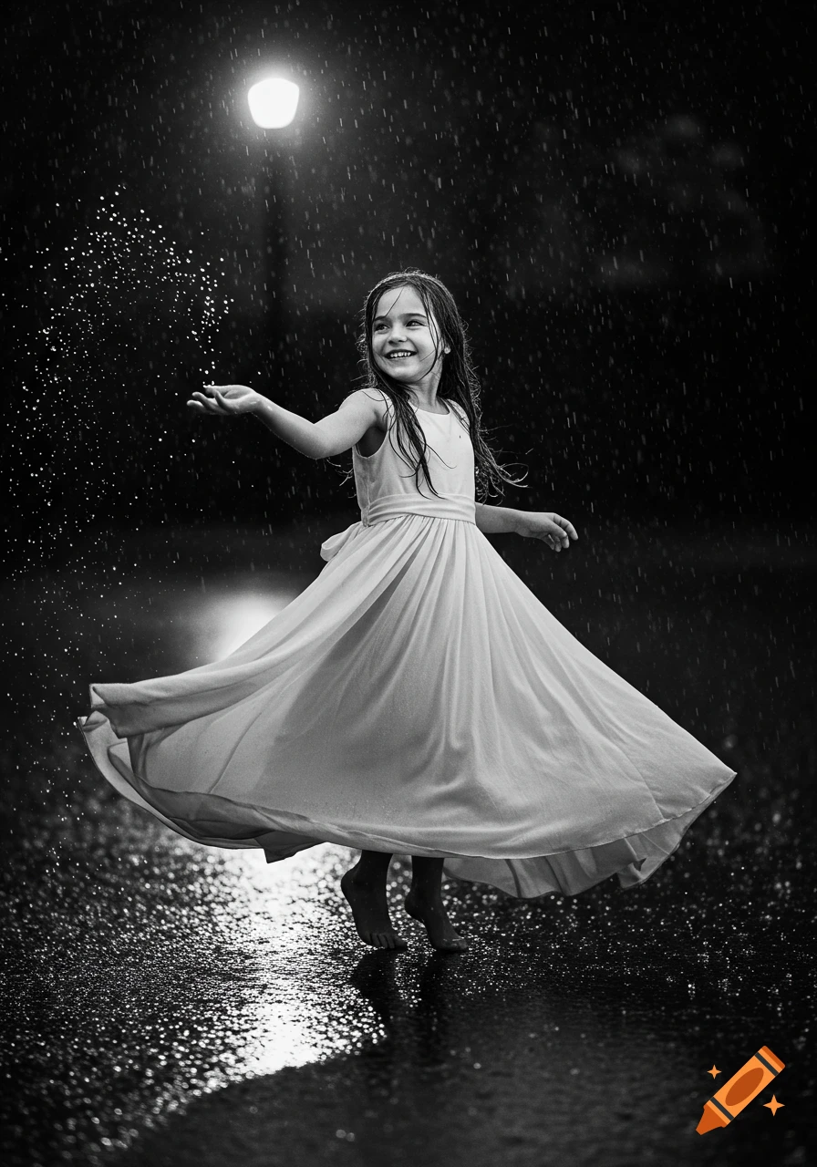 Black and white photo of a smiling girl in a flowing dress twirling barefoot in the rain under a street light.