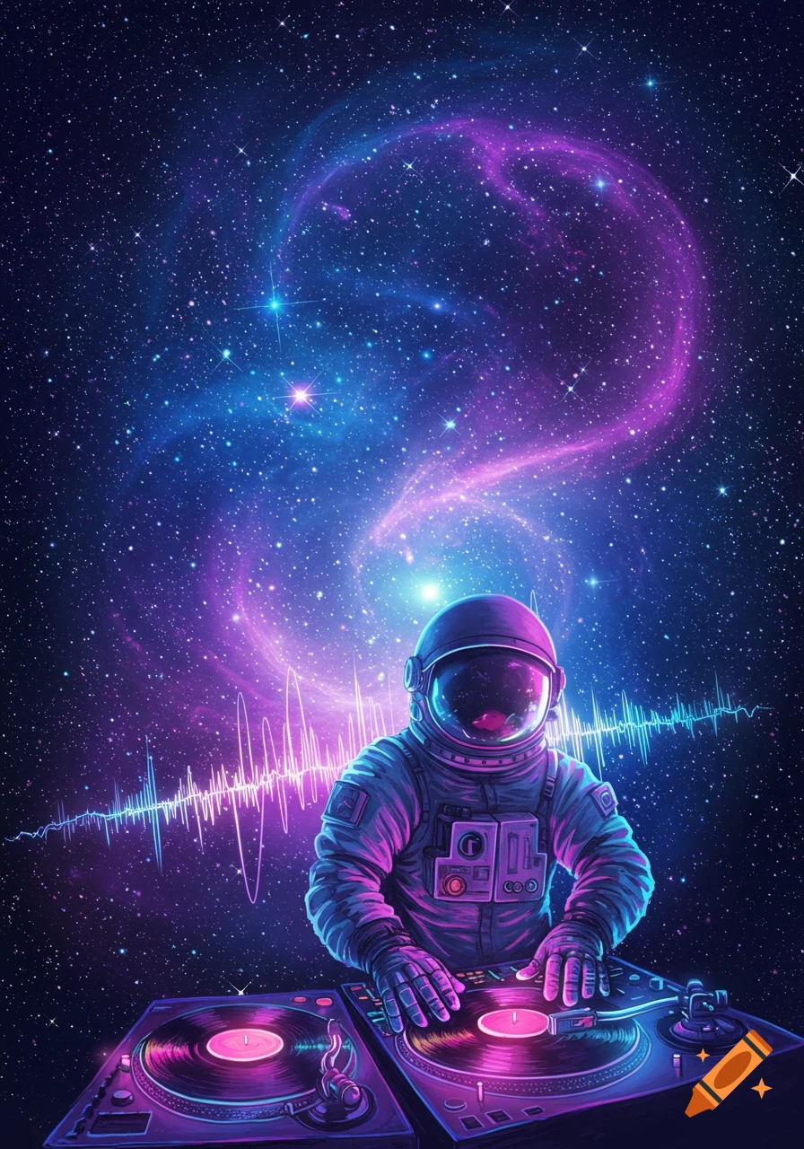 An astronaut in a spacesuit DJing on turntables amidst a vibrant, starry galaxy with glowing nebulae and sound waves.