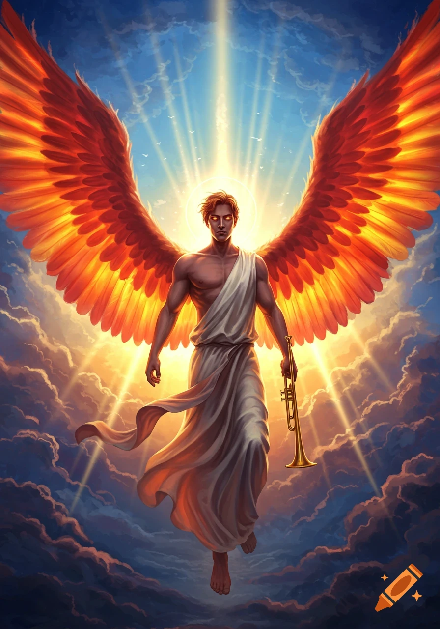An archangel with large, vibrant orange and red wings stands amidst clouds, holding a golden trumpet, bathed in bright divine light.