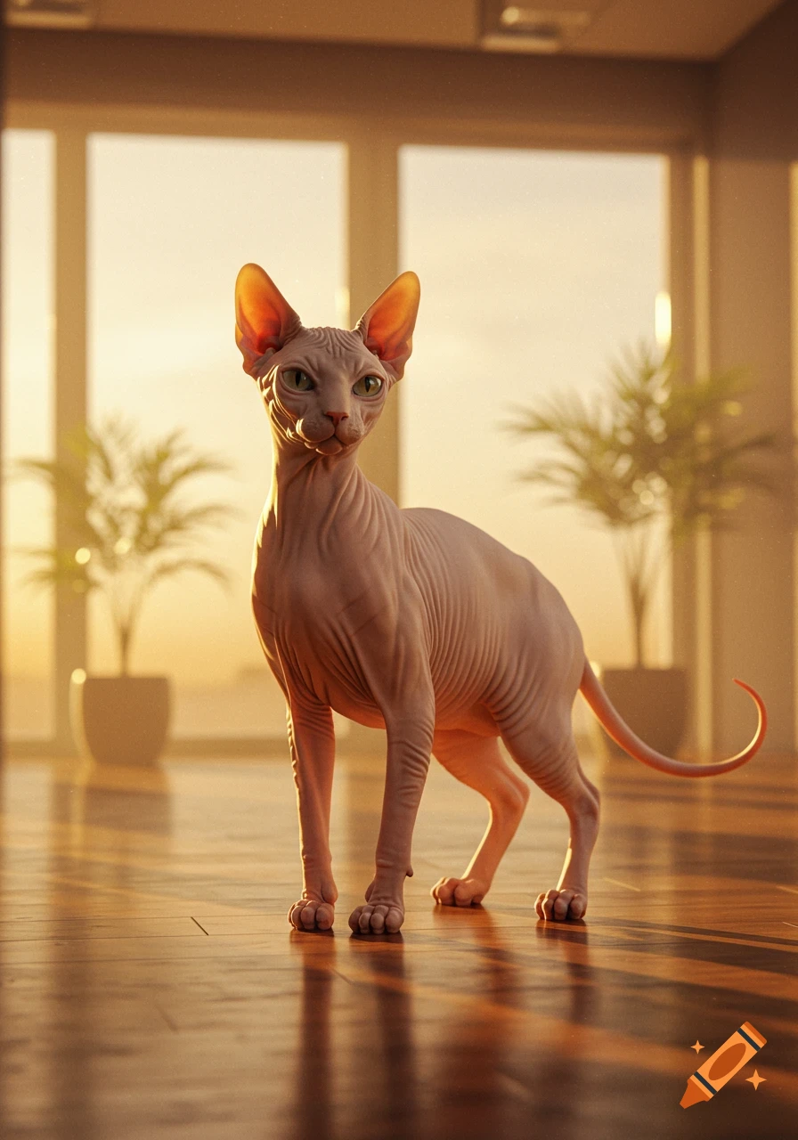 A photorealistic image of a Sphynx cat standing on a wooden floor, looking forward, with a bright, sunlit window in the background.