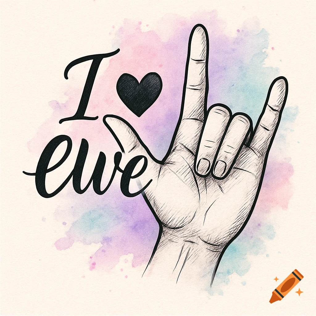 Sketch illustration of a hand making the 'I love you' ASL sign with 'I "heart" ewe' text and watercolor splashes.