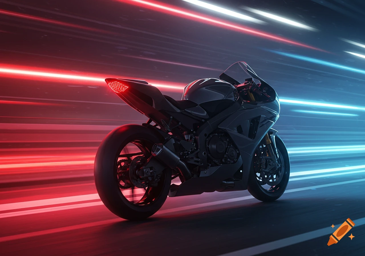 A dark, sleek motorcycle with illuminated red taillights speeds down a dark road, surrounded by vibrant red and blue light trails, creating a futuristic effect.
