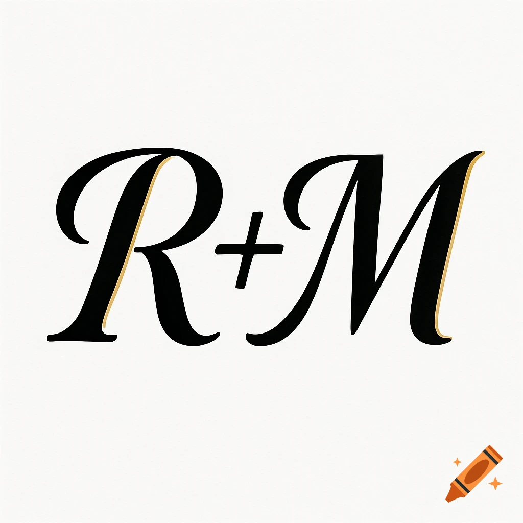 Black script letters R + M with gold edges on a white background.