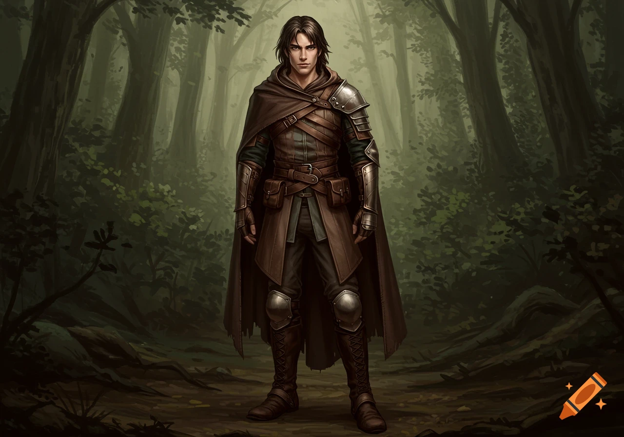 A young man in brown fantasy armor and a hooded cloak stands in a misty forest.
