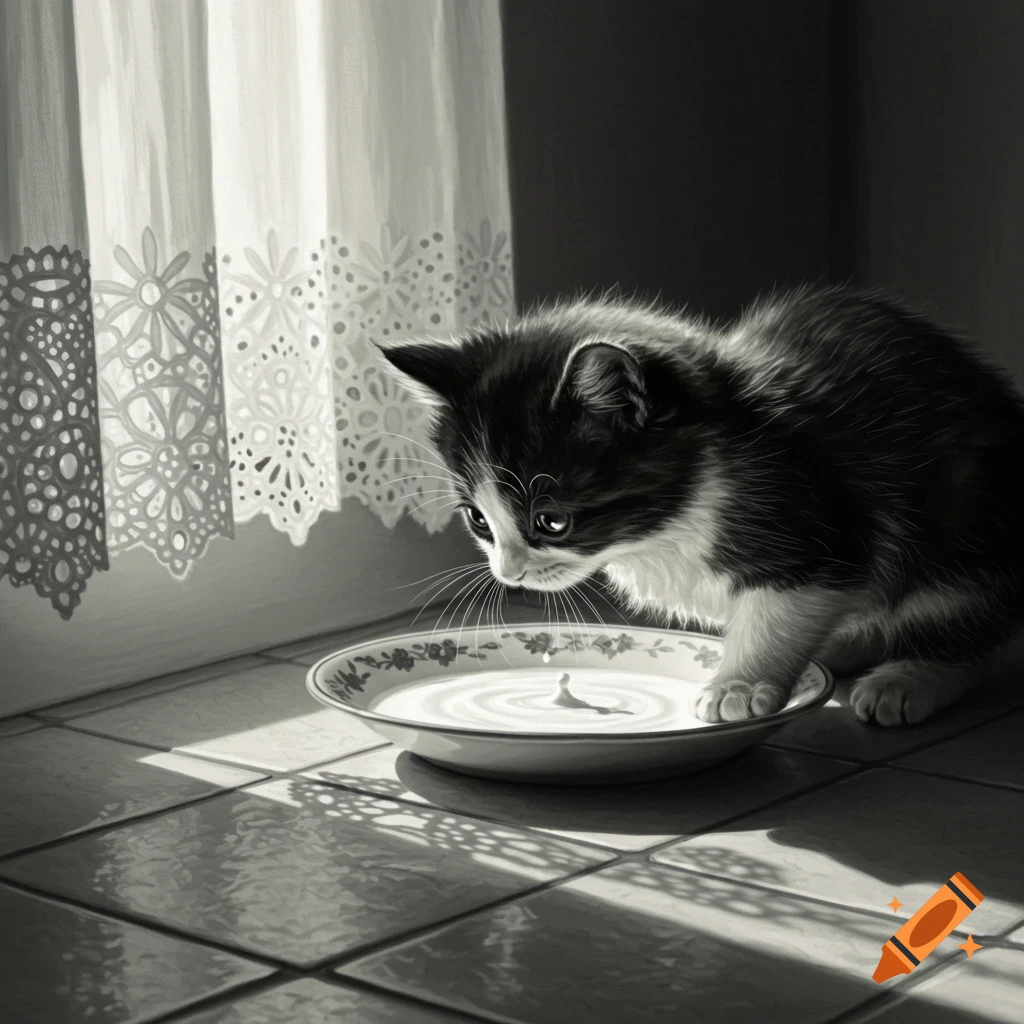A black and white kitten laps milk from a bowl on a sunlit tiled floor, with lace curtain shadows.