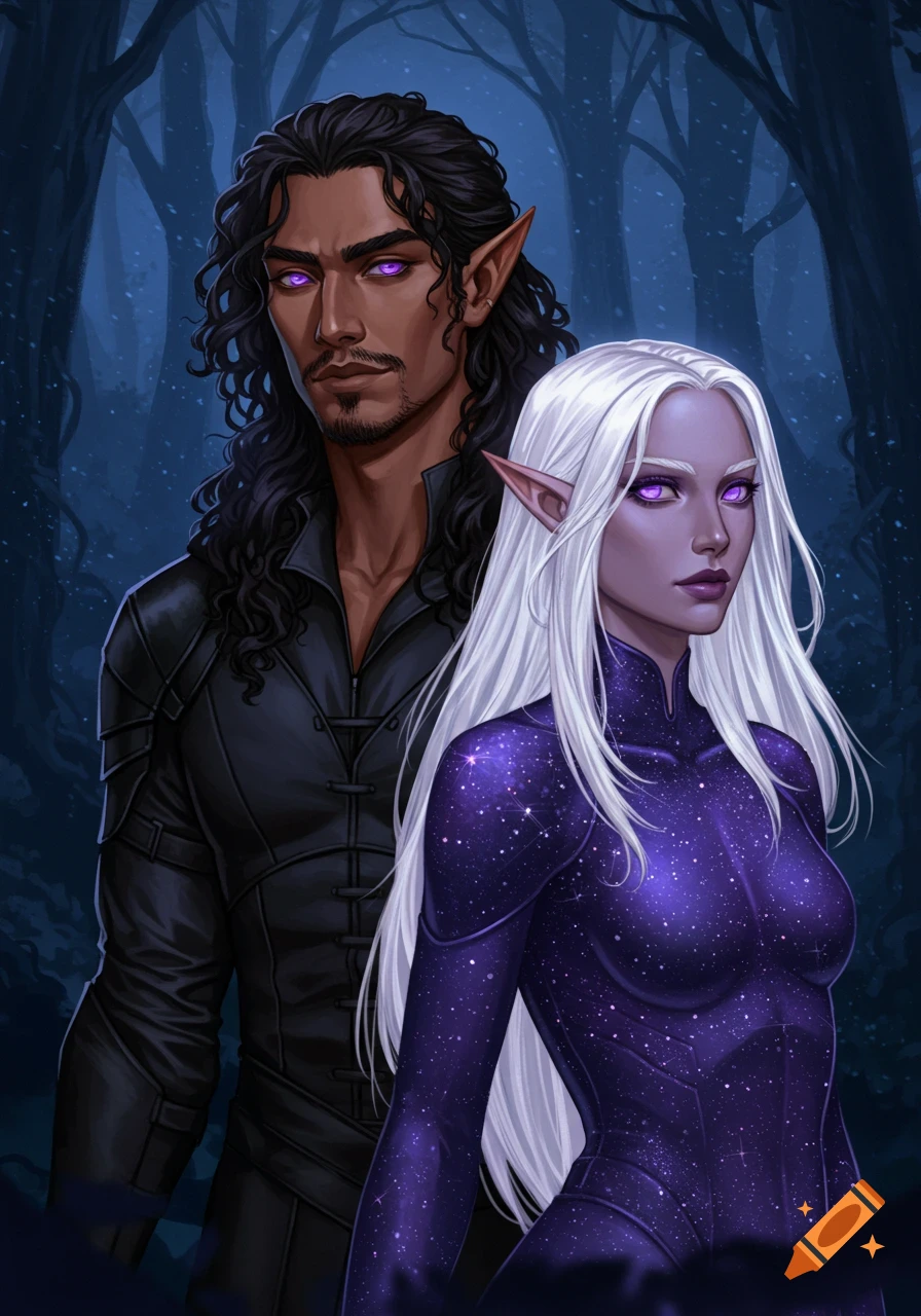 An illustration of a dark-haired half-elf man in black leather armor standing behind a white-haired elf woman in a sparkling purple celestial suit, in a dark forest.