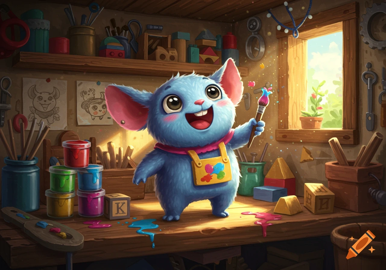 A happy, blue, furry cartoon creature in a yellow apron holds a paintbrush in a sunlit art studio.