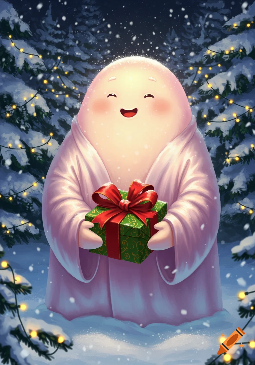 A cute, glowing, round character in a white robe holds a green Christmas gift in a snowy forest at night with lighted trees.