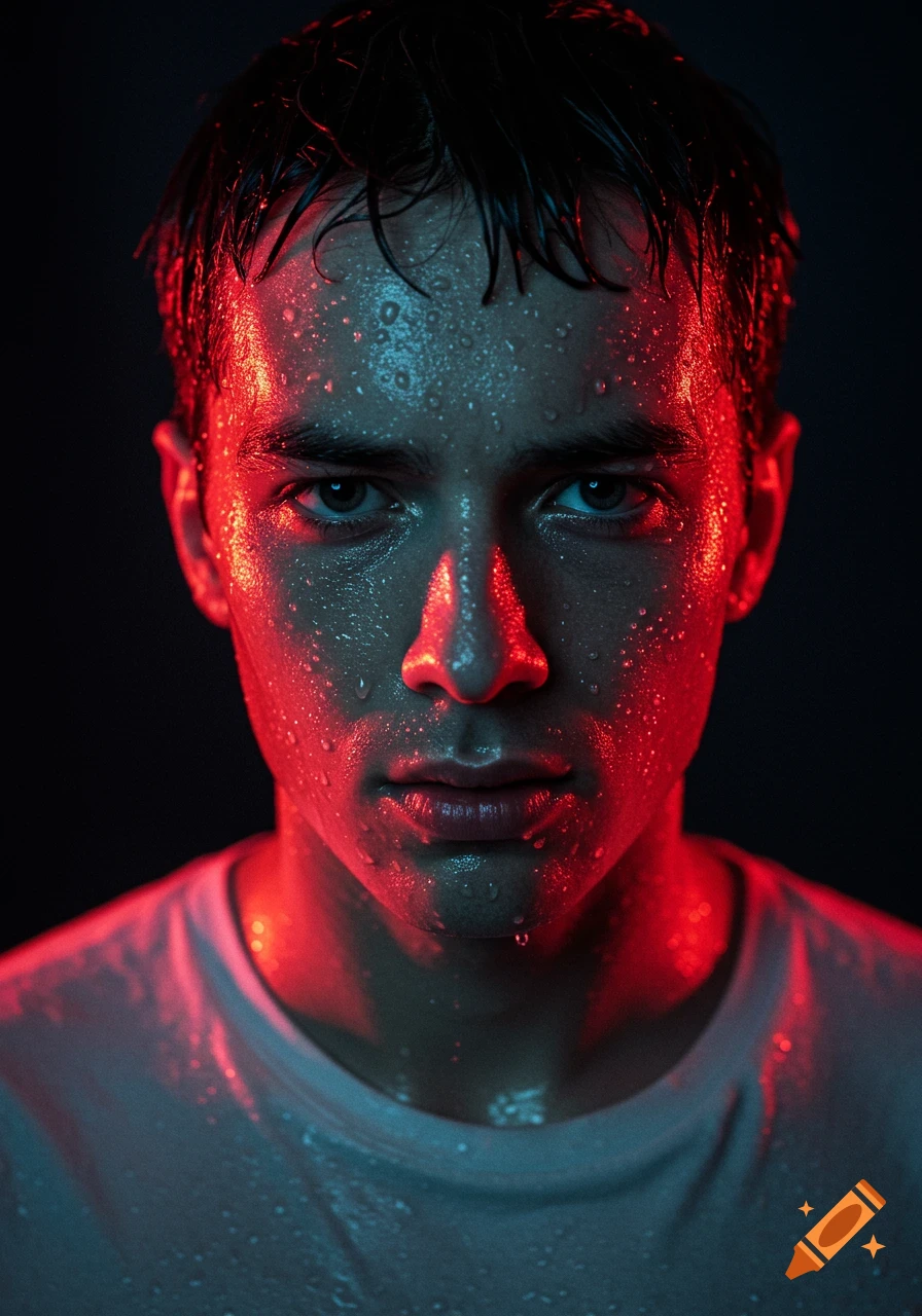 Close-up photorealistic portrait of a wet man with dark hair, looking serious, illuminated by red and blue light.