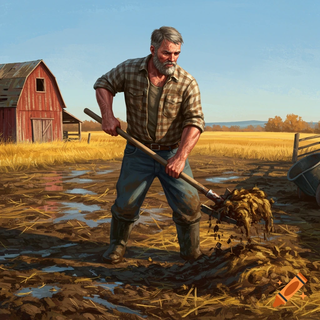 A bearded farmer shovels manure in a muddy field next to a red barn under a clear sky.