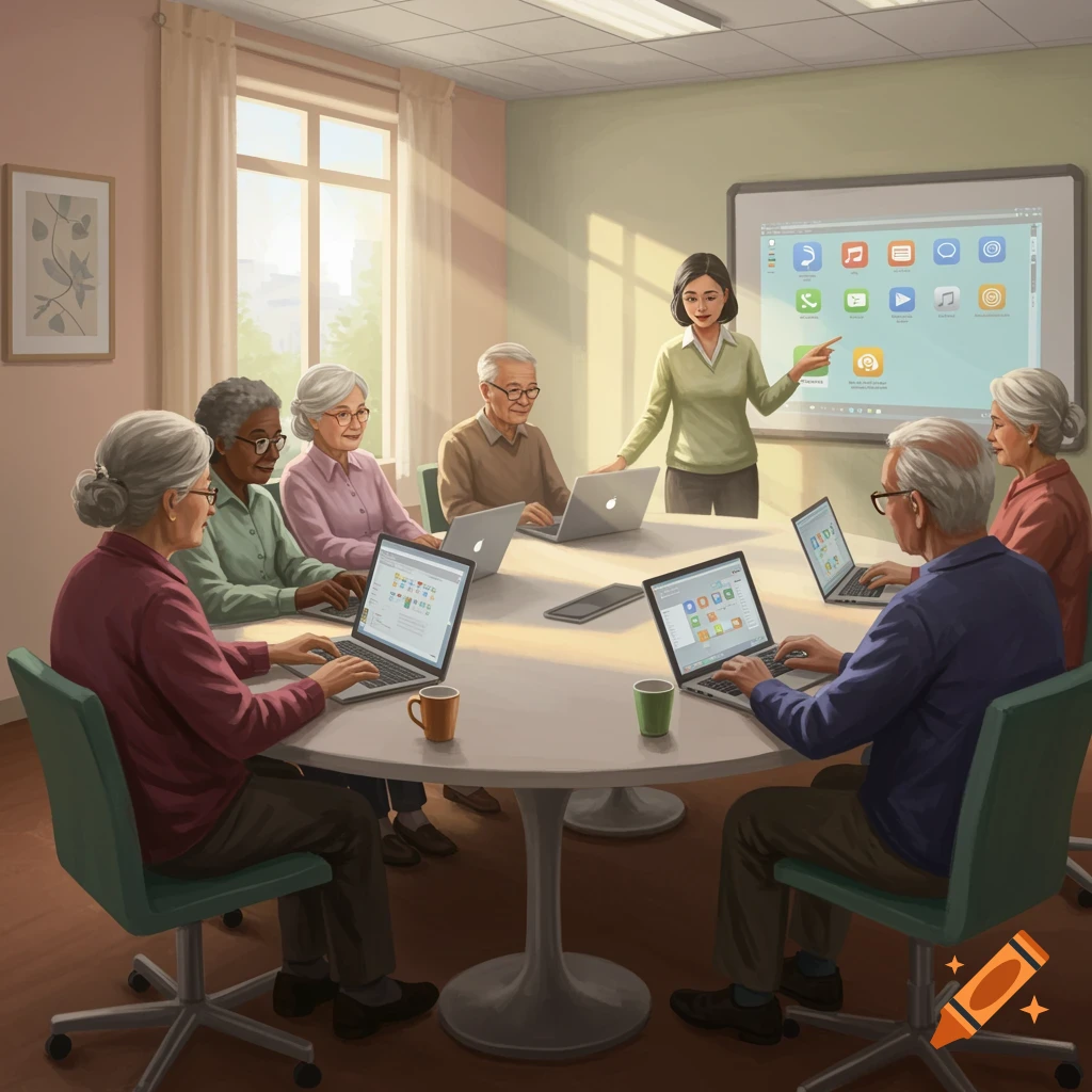 An instructor teaches a diverse group of seniors how to use laptops in a bright classroom with a large screen.