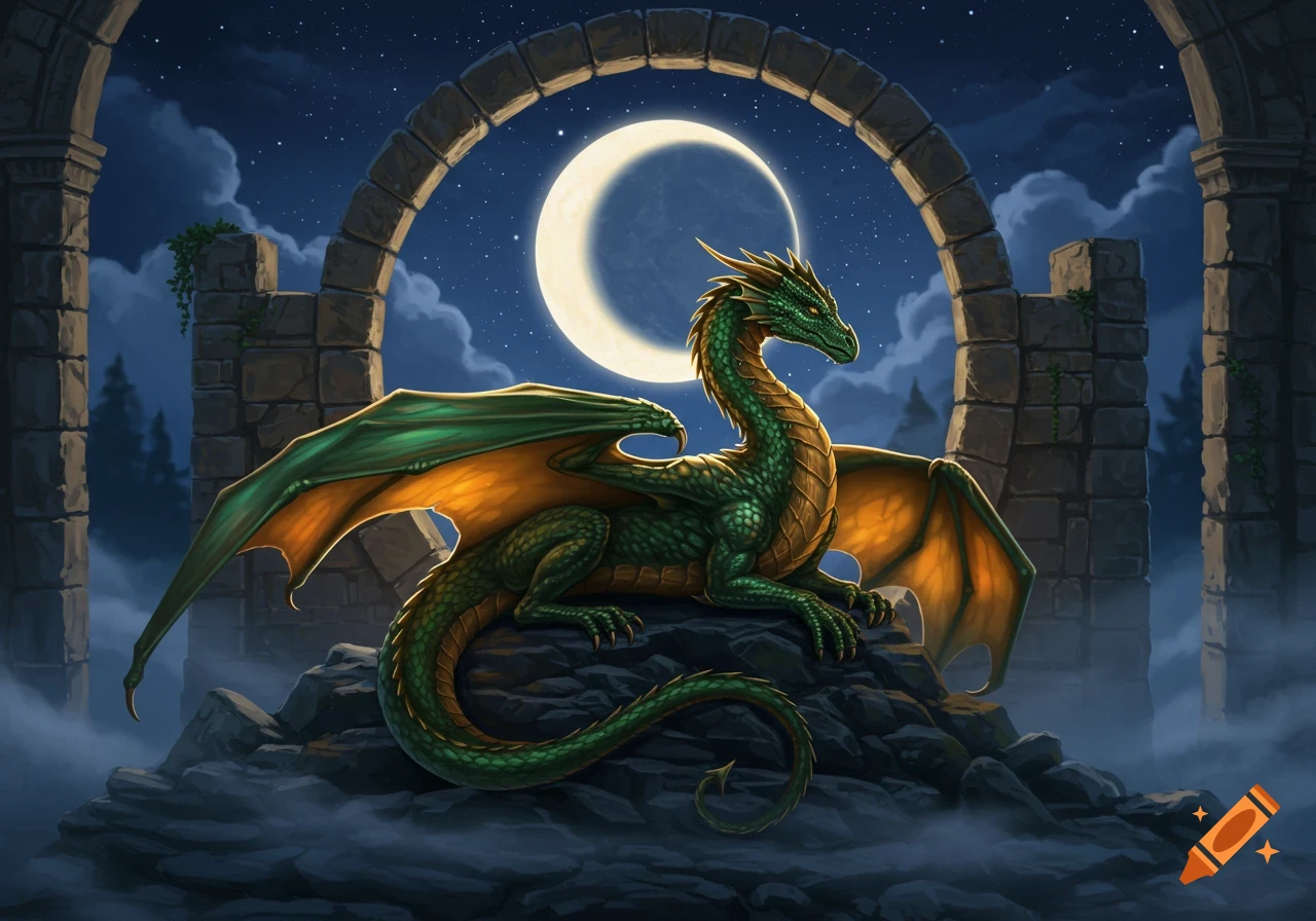 A green and orange dragon rests on rocks under a large crescent moon framed by stone arches at night, rendered in a fantasy art style.