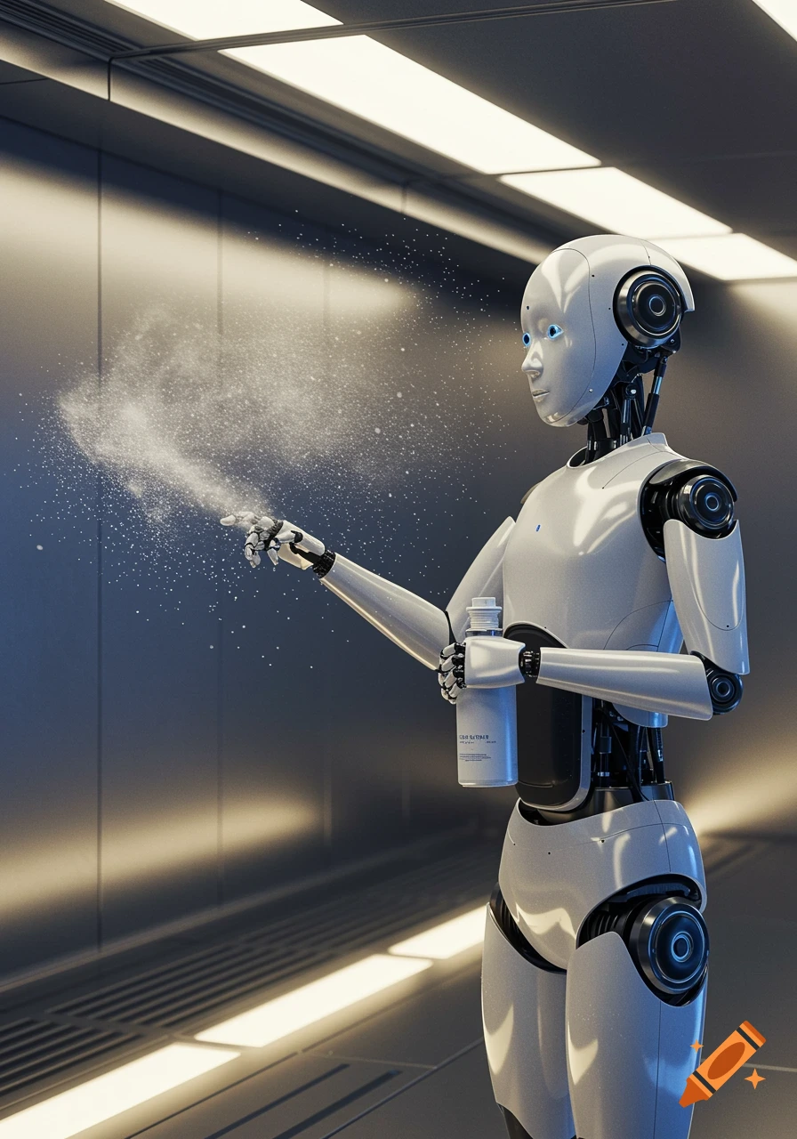 A white robot sprays a fine mist from its hand, holding a bottle in the other hand, in a futuristic corridor.