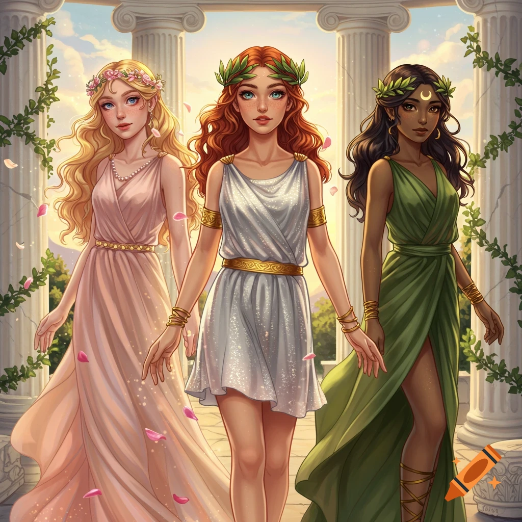 Three diverse women in ancient Greek attire with floral wreaths standing among columns.