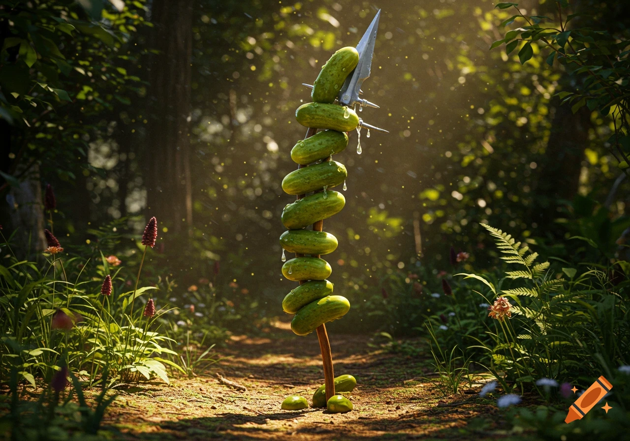 A photorealistic spear made of stacked pickles stands on a sunlit forest path.