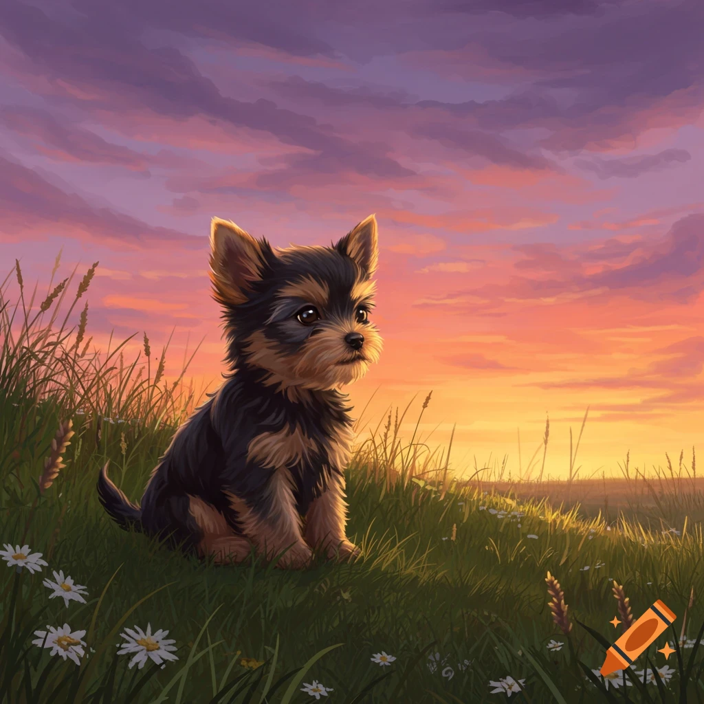An illustration of a cute Yorkie puppy sitting in a grassy field with daisies, watching a vibrant sunset with orange and purple clouds.